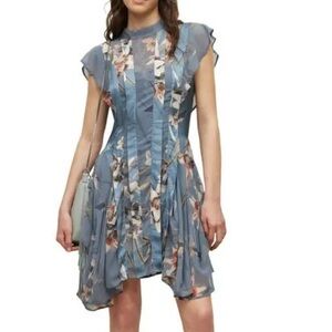 ALLSAINTS FLEUR KUROYURI DRESS Vine Lake Blue Slate Semisheer Pleats Floral US 6